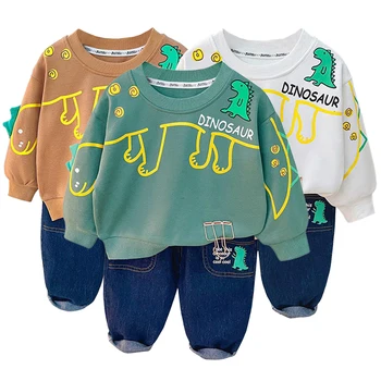2023 весна осень мальчик комплект одежды хлопка мальчиков пуловер топы динозавр джинсовые штаны 2 шт. наряды дети младенческой костюм