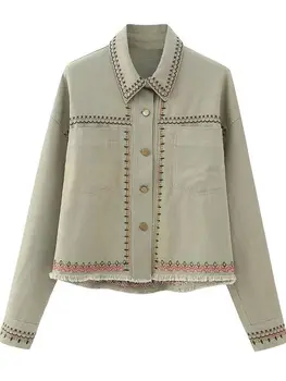 MESTTRAF Женская мода Y2K С карманами, куртка с вышивкой, пальто в винтажном стиле С длинным рукавом и потертым подолом, Женская верхняя одежда, Шикарные топы