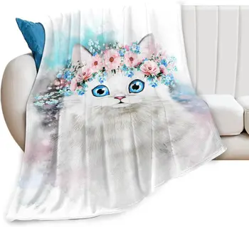 SaltaStore Белое кошачье мягкое пледовое одеяло Всесезонный Микроплюш, толстые теплые одеяла, пушистое фланелевое пледовое одеяло с ворсом