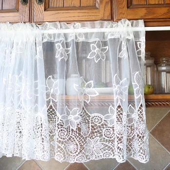 Белая кружевная короткая занавеска для кухни с прозрачной вышивкой, Тюлевые занавески для окон, шторы в гостиной, кафе, Домашний Свадебный декор