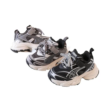 Весенне-осенние Детские кроссовки с сеткой на крючках и петлях, нескользящая универсальная Корейская спортивная обувь для мальчиков и девочек