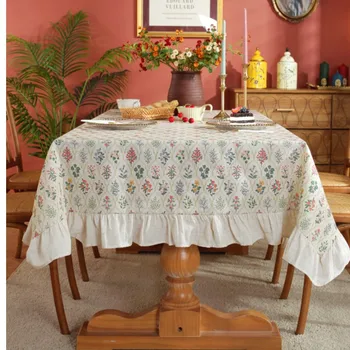 Деревенская прямоугольная скатерть с оборками, ботанический узор с кисточкой, Пылезащитная крышка для стола, моющаяся для кухни, праздничного ужина дома