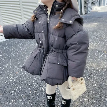 Детские куртки Для девочек, Новинка 2023 года, Зимне-Осеннее Корейское Однотонное пальто С капюшоном, Модная Повседневная Универсальная Толстовка на молнии, сужающая талию