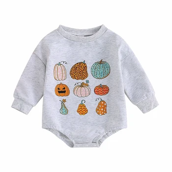 Детский комбинезон с круглым вырезом и длинными рукавами и принтом тыквы, осеннее боди, одежда на Хэллоуин для девочек и мальчиков