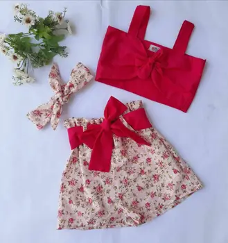Летние наряды для маленьких девочек, топы на бретельках с бантом + шорты с цветочным рисунком, комплект одежды из 2 предметов