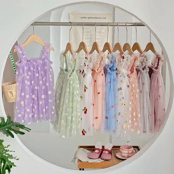 Милое сетчатое платье для девочек на подтяжках с вышивкой в виде маргаритки 2023 Летние Красочные цветы, Милое Детское платье принцессы на день рождения от 1 до 6 лет