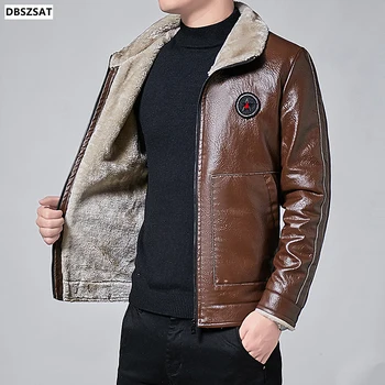 Мужская модная кожаная куртка, приталенная куртка из искусственной кожи с меховым воротником, мужские флисовые и теплые зимние куртки, мужские мотоциклетные куртки на молнии.