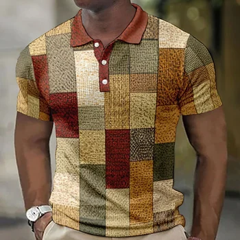 Мужская рубашка поло в стиле ретро с 3D принтом в клетку, летние повседневные уличные топы и тройники с короткими рукавами, простая мужская одежда, рубашки оверсайз