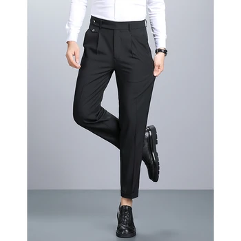 Мужские черные брюки для костюма, итальянские облегающие деловые прямые брюки, простые повседневные брюки с драпировкой против морщин
