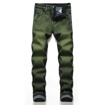 Новые летние уличные мужские джинсы, серо-зеленые узкие брюки со средней талией, повседневная одежда в стиле хип-хоп, Большой размер 40 42