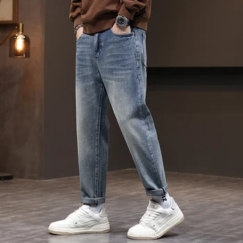 Осенние новые мужские джинсы, модные повседневные деловые джинсы с прямой трубкой, высококачественные хлопковые джинсы для маленьких ног, синие мужские брюки