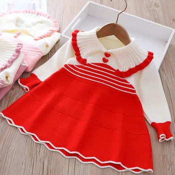 Платье-свитер для девочек 2023, осенне-зимняя Детская трикотажная одежда в Корейскую полоску