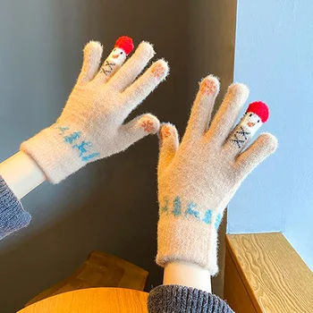 Рождественские Вязаные перчатки с пятью пальцами из Лося, Варежки для женщин, Шерстяные перчатки для девочек, Модные Зимние теплые Перчатки со снеговиком