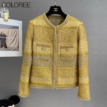 Роскошные пальто из шерсти и смесовых материалов с золотым переплетением, бренд 2023, Элегантный Женский Твидовый пиджак с круглым вырезом, Корейская модная верхняя одежда