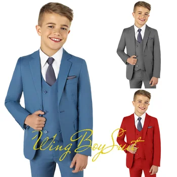 Синий костюм для мальчиков, приталенный дизайн, костюм-тройка (куртка, жилет, брюки) Свадебный Детский Смокинг, Официальная одежда на заказ от 2 до 16 Лет