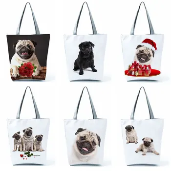 Сумка с принтом собаки и Мопса на заказ, повседневная Эко-сумка для покупок большой емкости, женская сумка для хранения цветов, Универсальная сумка для путешествий