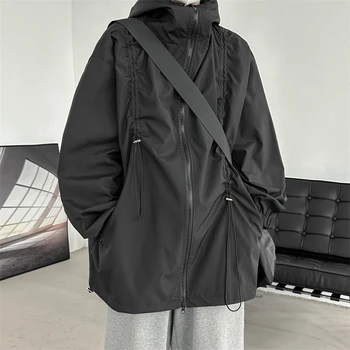 Уличная одежда 2023, весенние повседневные куртки с капюшоном для мужчин, уличная черная ветровка, мужская куртка-бомбер, пальто