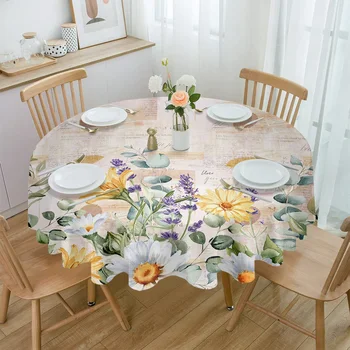 Цветы, маргаритки, Лаванда, круглая скатерть, водонепроницаемое покрытие стола для украшения свадебной вечеринки, покрытие обеденного стола