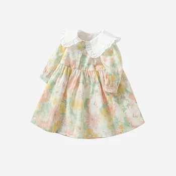 2023 Весенне-осеннее платье для маленьких девочек из хлопка с длинным рукавом и цветочным кружевным воротником, платья для маленьких девочек с приталенной талией, детские наряды для девочек