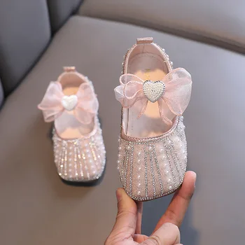 2023 Детская кожаная обувь с блестками, платье принцессы со стразами и бантом, тонкие туфли для девочек, модные свадебные туфли для маленьких детей