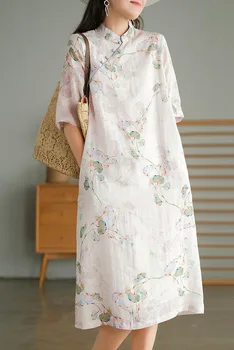 2023 Женские Бежевые Свободные платья Cheongsam в китайском стиле из традиционного хлопка и льна, Винтажное платье, Летние платья больших размеров с цветочным рисунком от M до 2XL