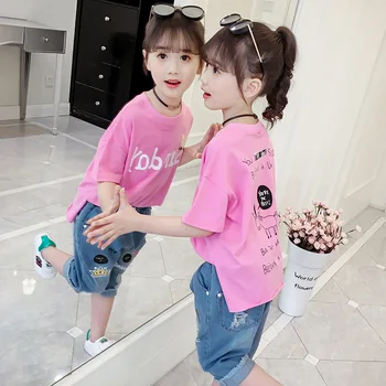 2023, Корея, Летние детские топы с короткими рукавами, хлопковый топ с принтом для начальной школы, детская одежда с круглым вырезом, футболка, толстовка