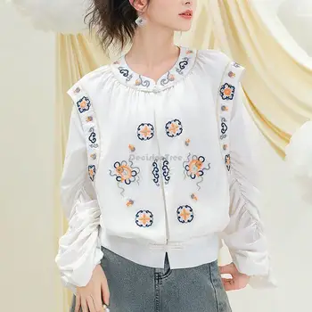 2023 костюм тан женский топ с дисковой пряжкой в китайском этническом стиле, новая женская блузка с вышивкой в китайском стиле, свободная женская блузка с длинным рукавом s99