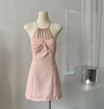 2023 Летнее женское розовое платье Heavy Industry с бриллиантовой шеей на бретелях, женские тонкие, но милые короткие платья