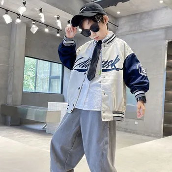 2023 Модная бейсбольная куртка для маленьких мальчиков, весенне-осеннее пальто с буквенным принтом для малышей, спортивная верхняя одежда, одежда от 4 до 12 лет