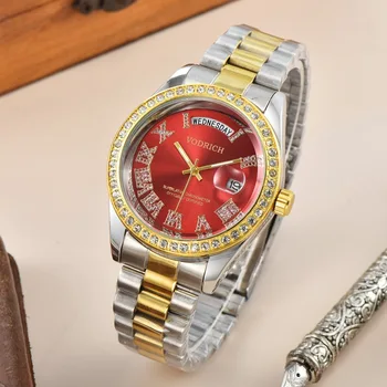 2023 НОВЫЕ роскошные Золотые часы с римскими цифрами из красного золота и бриллиантами, мужские классические кварцевые часы в деловом стиле