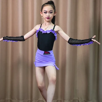 2023 новый латинский танец конкуренции одежда для девочек с рюшами рукавами Сплит юбки костюм Чача танго, Латинская практика платье DN16037