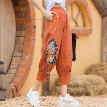 2023 харадзюку китайские винтажные хлопчатобумажные льняные брюки с национальной цветочной вышивкой женские девятые брюки pantalones ретро свободные брюки