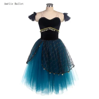 23155 Черный бархатный топ-лиф с темно-синей длинной балетной юбкой-пачкой, балетные костюмы для девочек и женщин на сцене