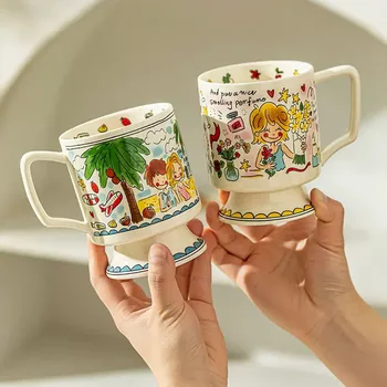 400 мл Мультяшная керамическая кофейная кружка с молоком для мальчиков и девочек, термостойкая чашка для чая с водой, креативная чашка для пары в форме кубка
