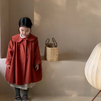 7369 Детское пальто, осень 2023, новая корейская модная куртка для девочек, длинное пальто, высококачественная повседневная свободная ветровка, пальто