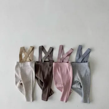 7716 Корейских детских штанов Ins 2023, Осенние новые однотонные брюки с косточками, Тонкие брюки на подтяжках для девочек, Модные брюки для фотосъемки.