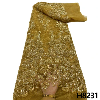 HFX Африканская тяжелая кружевная ткань с бисером 2023, высококачественные нигерийские бусины с блестками, французский тюль, кружевная ткань для свадеб