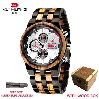 KUNHUAN Luxury Brand New Мужские Часы из дерева Зебра, Кварцевые Наручные Часы из Натурального Дерева, Классические Деловые Часы с Хронографом для Мужчин