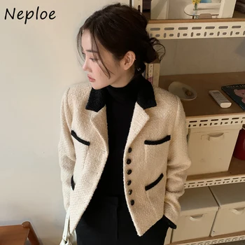 Neploe 2023, Осенние куртки в винтажном ароматном стиле с воротником для костюма, однобортное Свободное Повседневное Универсальное Твидовое пальто с длинным рукавом