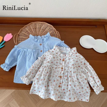 RiniLucia 2023 Осенние детские блузки Sweet Girls, клетчатые топы с цветочным рисунком, рубашки с длинными рукавами, повседневная детская одежда для малышей