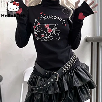Sanrio Cinnamoroll Kuromi, Водолазка с длинным рукавом, Осенне-осенняя Черно-белая футболка Y2k, японские Топы в стиле Харадзюку в стиле Панк Для девочек Yk2