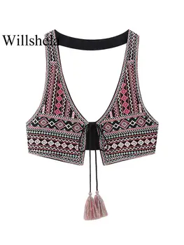 Willshela Женская мода с вышивкой кисточками, кружевные топы с открытой спиной, винтажные женские топы с коротким рукавом
