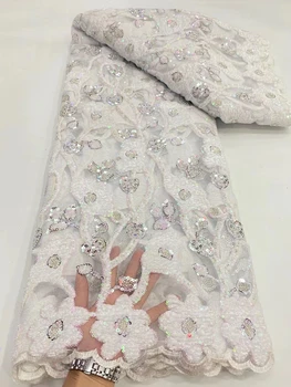 Африка Нигерия Французские кружевные ткани с блестками для свадьбы Белые Роскошные Хрустальные бусины ручной работы 2023 Высококачественная тюлевая сетка из бисера