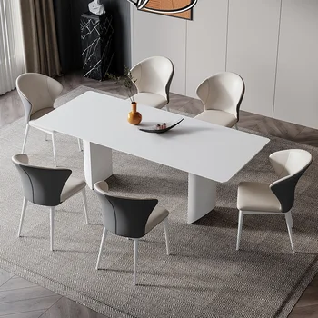 Белый стол и стул Комбинированная Мебель для столовой Современный дизайн Каменная плита 2 метра на 6 человек Минималистичная кухня