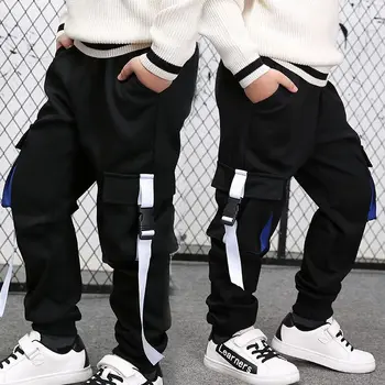 Брюки для мальчиков, повседневные спортивные брюки для мальчиков-подростков, эластичный пояс, несколько карманов, Модные Корейские детские длинные брюки на 3-14 лет