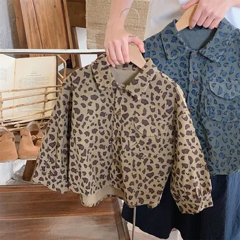 Весна и осень 2023, модная детская рубашка, одежда для мальчиков, блузка с длинным рукавом и леопардовым принтом, рубашки для мальчиков