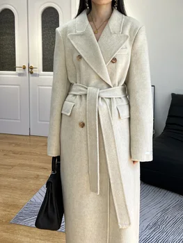 Высококачественное мягкое двустороннее пальто из 100% шерсти, женское Простое модное пальто с отворотом, длинное шерстяное пальто с разрезом, женское пальто, осень-зима