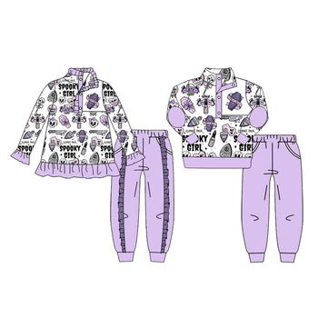 Горячий комплект для брата и сестры на Хэллоуин, пижамный комплект, костюм для выхода, пальто, комбинезон, молочная шелковая ткань, фиолетовый принт
