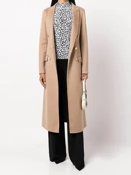 Двубортные длинные пальто для женщин, зимнее пальто, одежда для поездок на работу, верхняя одежда из искусственного кашемира с разрезом сзади.