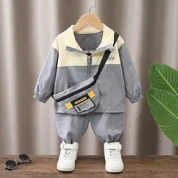 Демисезонная одежда для маленьких мальчиков, толстовки в стиле пэчворк, Брюки, Комплект из 2 предметов, Спортивная Повседневная одежда для младенцев, спортивные костюмы с сумкой